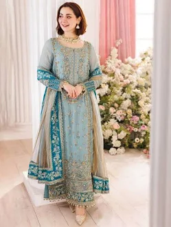 Embroidered Ice Blue & Teal 3-Piece Festive Suit