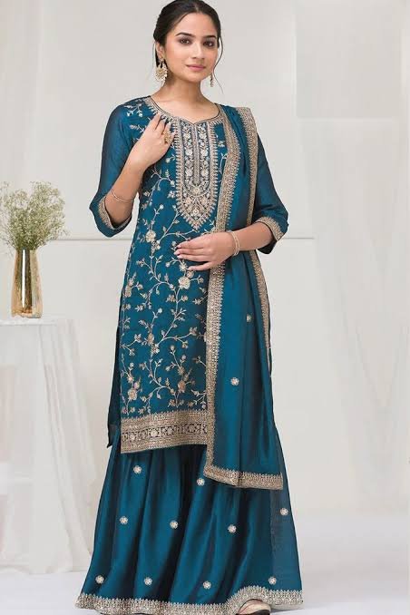 Teal Embroidered Silk Sharara Suit Set